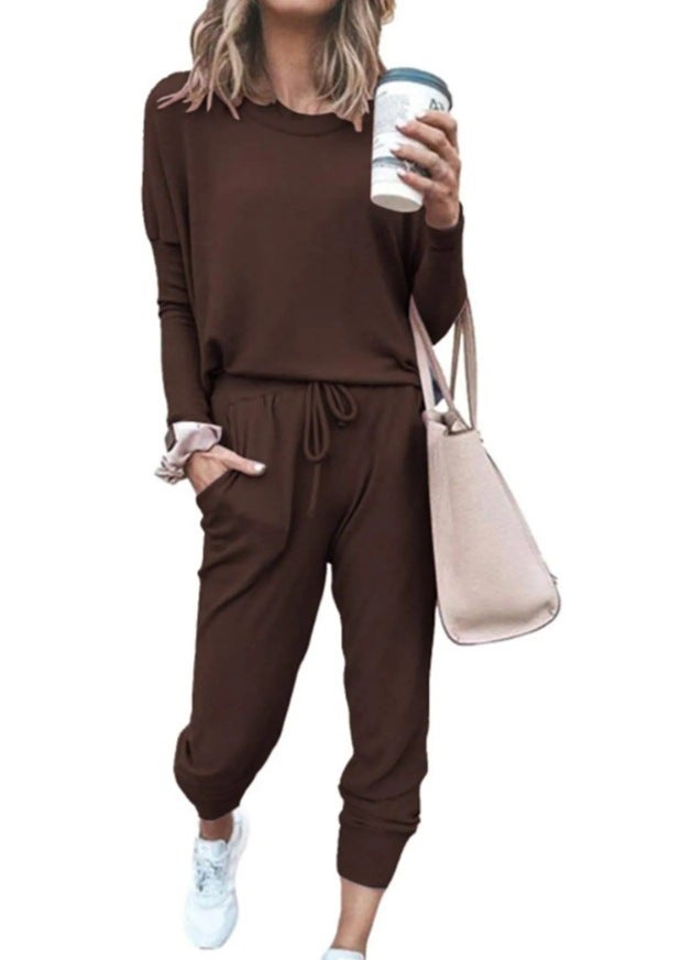 2024 Amazon Autumn New Independent European and American Cross-border Shrimp Womens Home Solid Color Casual Fashion Brown