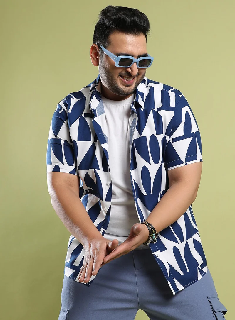Instafab Plus Instafab Plus Men's White & Indigo Blue Geometric Block Shirt For Casual Wear | Spread Collar | Short Sleeve | Button Closure | Heavy Rayon Shirt Crafted With Comfort Fit For Everyday Wear