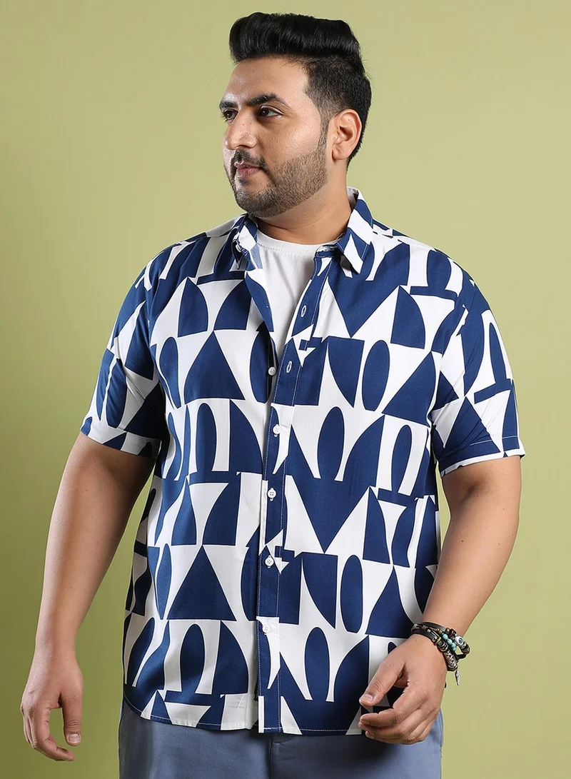 Instafab Plus Instafab Plus Men's White & Indigo Blue Geometric Block Shirt For Casual Wear | Spread Collar | Short Sleeve | Button Closure | Heavy Rayon Shirt Crafted With Comfort Fit For Everyday Wear