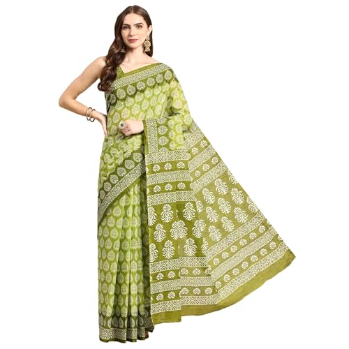 RATAN Pure Cotton Printed Mulmul Saree for Women with Blouse Piece (GDBT-BP-1049-GRN_Green) - Image 1