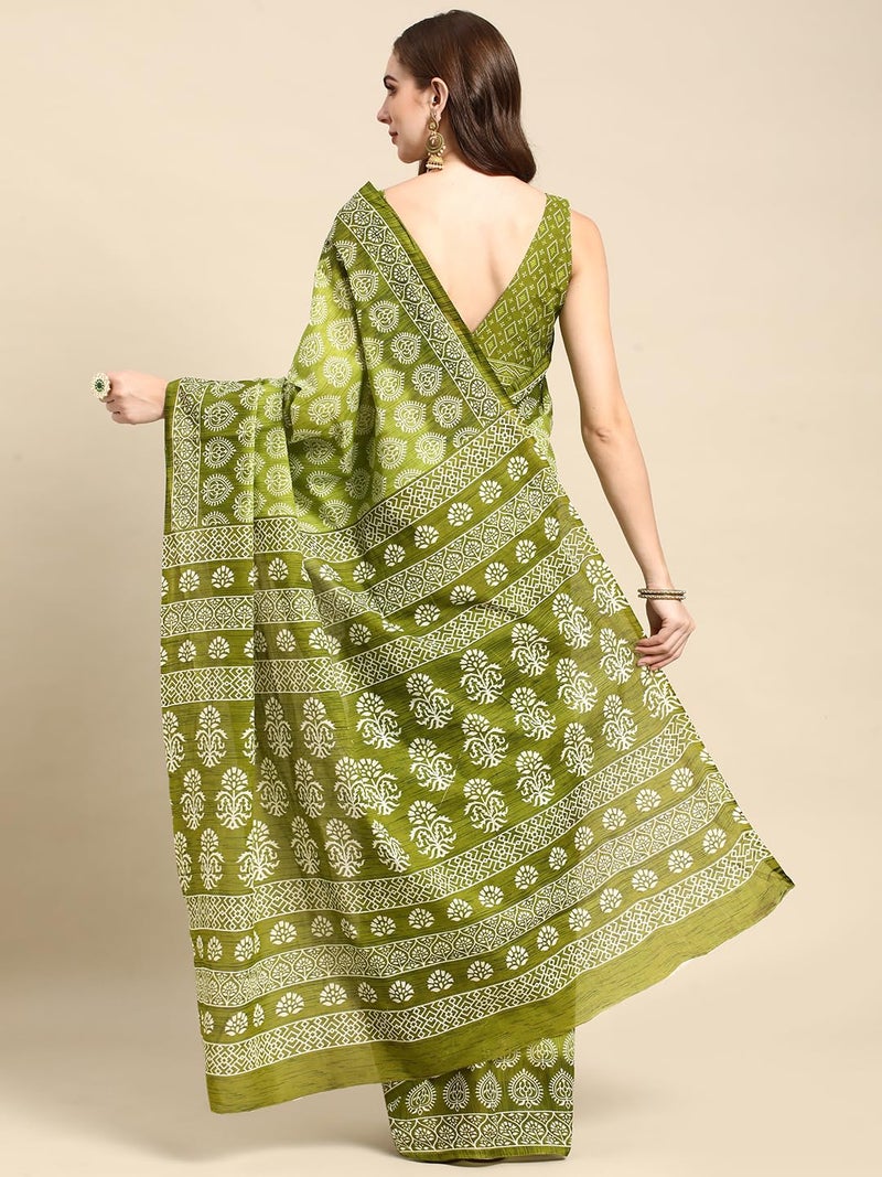 RATAN Pure Cotton Printed Mulmul Saree for Women with Blouse Piece (GDBT-BP-1049-GRN_Green) - Image 2