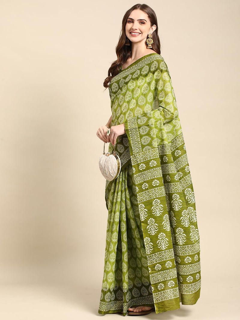 RATAN Pure Cotton Printed Mulmul Saree for Women with Blouse Piece (GDBT-BP-1049-GRN_Green) - Image 4