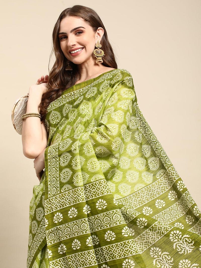 RATAN Pure Cotton Printed Mulmul Saree for Women with Blouse Piece (GDBT-BP-1049-GRN_Green) - Image 3