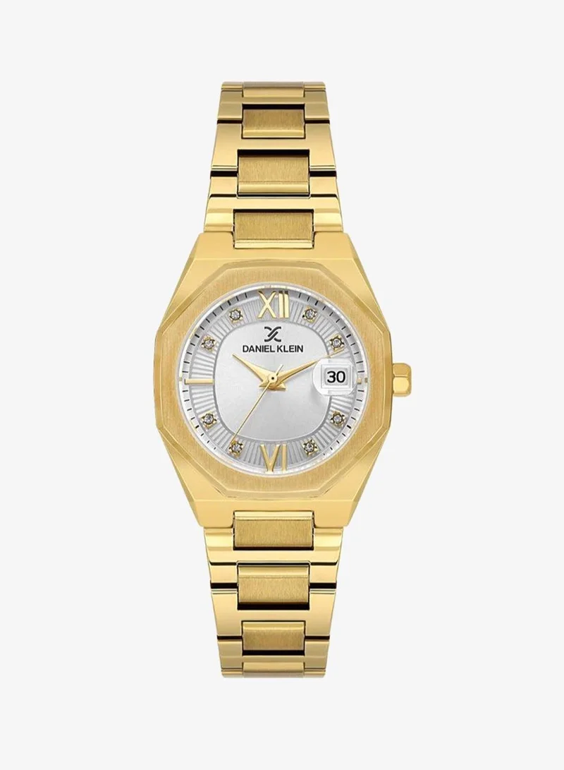 Daniel Klein Women's Stainless Steel Gold Alloy Case Analog Silver Round Emboss Dial Japanese Quartz Premium 30 Meters Water Resistant