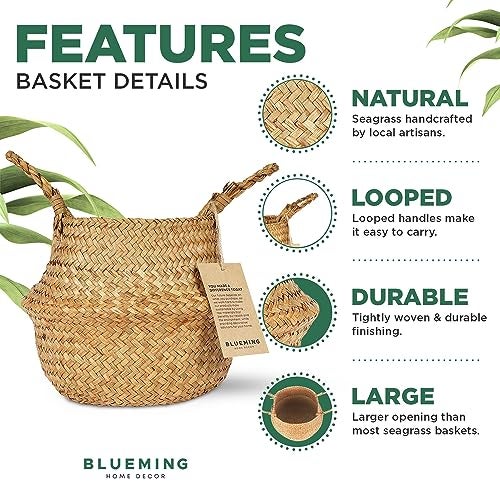 Blueming Home Decor Basket Planter for Indoor Plants 7 Inch Small Woven Wicker Pot for Olive Tree Faux Plants or Snake Plant Handwoven Seagrass Basket with Handles Original Small - Image 3