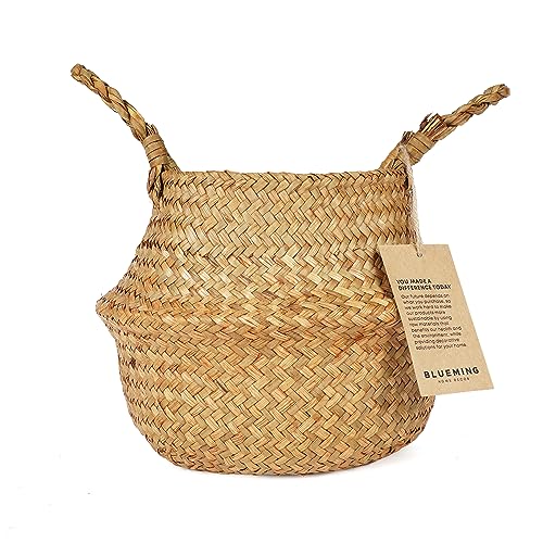 Blueming Home Decor Basket Planter for Indoor Plants 7 Inch Small Woven Wicker Pot for Olive Tree Faux Plants or Snake Plant Handwoven Seagrass Basket with Handles Original Small - Image 1
