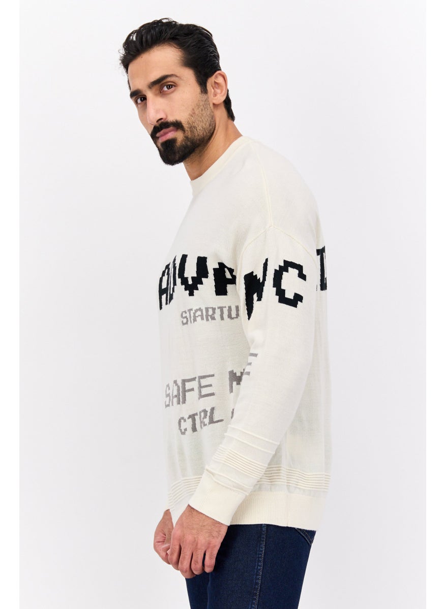 Selected Homme Men  Oversize Crew Neck Long Sleeve Allover Print Sweater, Off White Combo  - Image 3