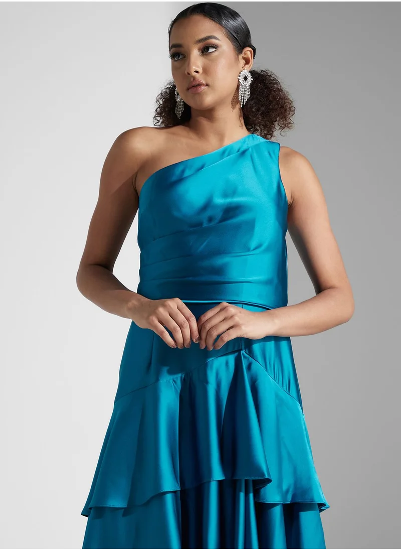 AIDAN MATTOX One Shoulder Ruffle Dress