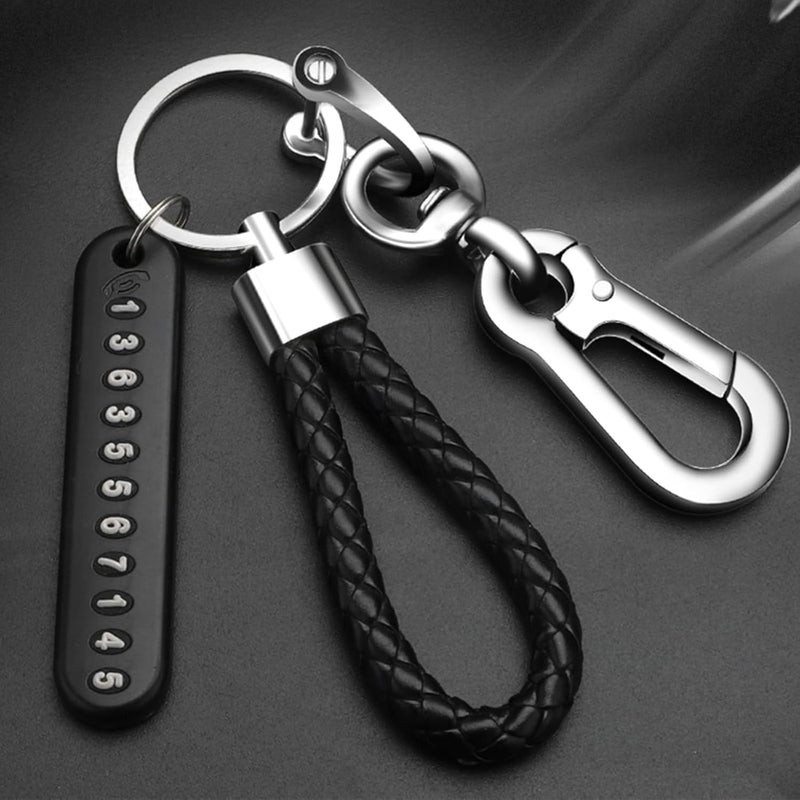 Anti - Lost Car Keychain with Phone Number Tag and Leather Braided Keyring - Image 1
