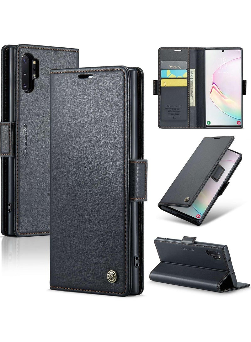 CaseMe Phone Case Luxury PU Leather Design Anti Fingerprint 023 Flip Cover Card Slot Holder Cover For Samsung Galaxy Note 10 Plus (Black) - Image 1
