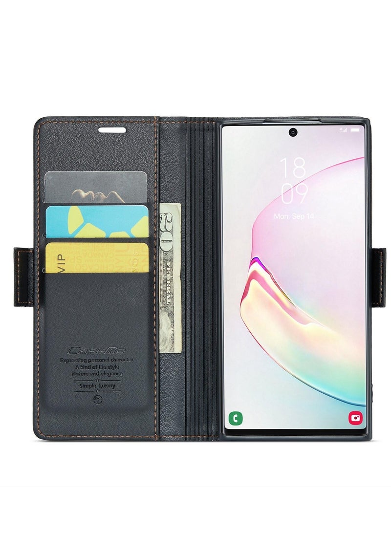 CaseMe Phone Case Luxury PU Leather Design Anti Fingerprint 023 Flip Cover Card Slot Holder Cover For Samsung Galaxy Note 10 Plus (Black) - Image 4