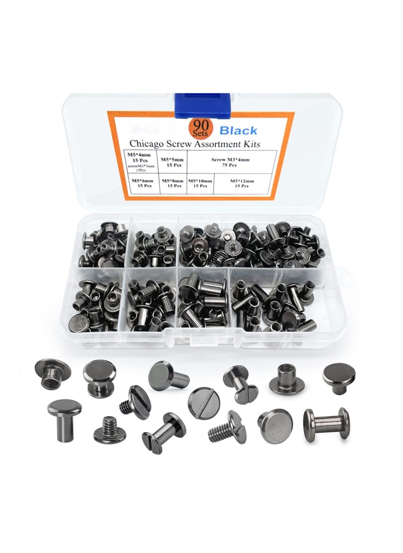 Y&D - 90 Sets Screws Assorted Kit, 6 Sizes of Round Flat Head Leather Rivets Metal Screw Studs for DIY Craft and Bookbinding (M5 X 4, 5, 6, 8, 10, 12) (Black) - Image 1