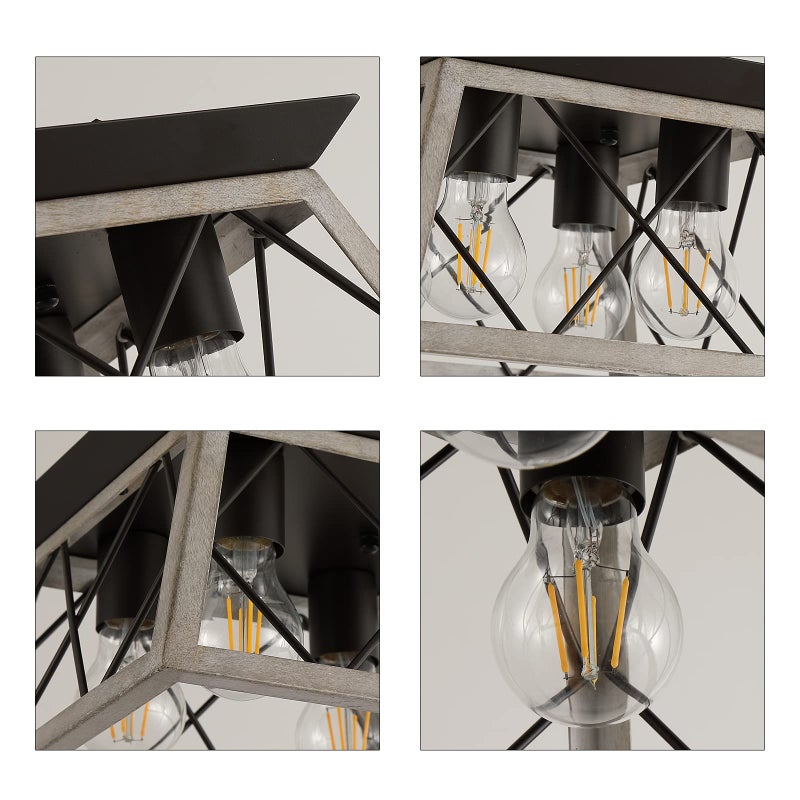 QS Q&S Farmhouse Ceiling Light Oak Semi Flush Mount Vintage 4-Light Square Rustic Island Light Fixtures for Entryway Hallway Dining Room Living Room Bedroom - Image 4