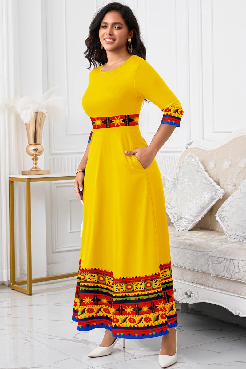 FANDEE Casual Maxi Dresses for Women Elegant 3/4 Sleeve Round Neck Africa Print Church Dress with Pocket - Image 3