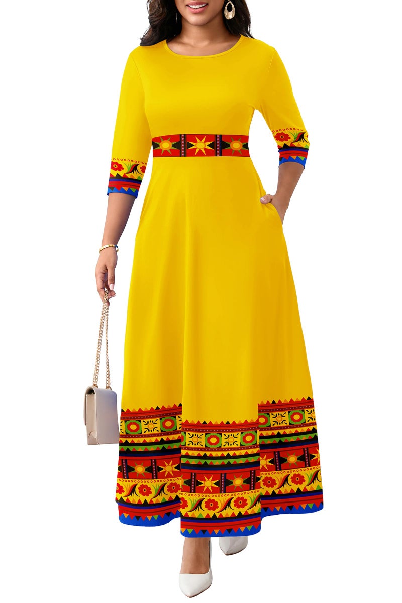 FANDEE Casual Maxi Dresses for Women Elegant 3/4 Sleeve Round Neck Africa Print Church Dress with Pocket - Image 1