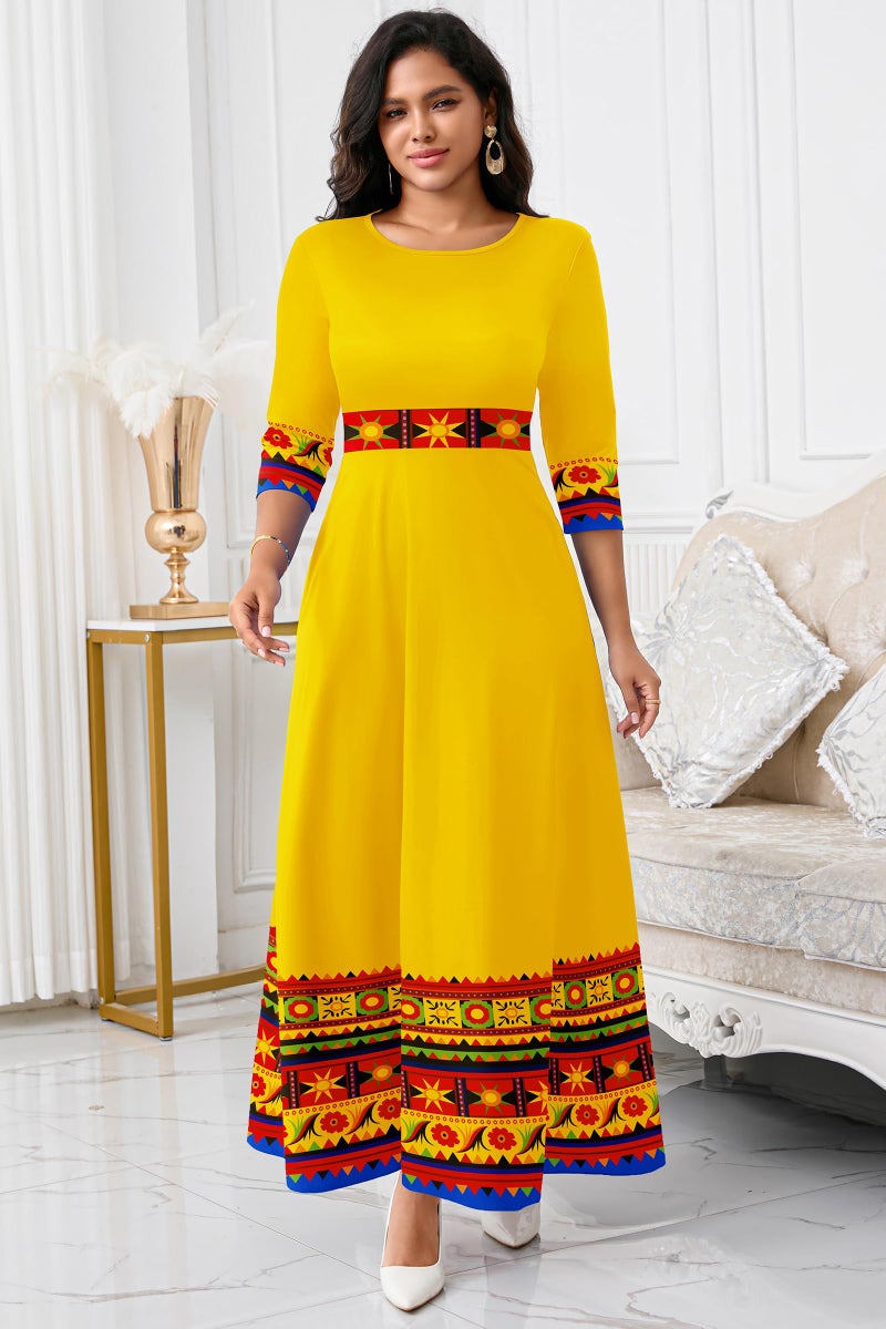 FANDEE Casual Maxi Dresses for Women Elegant 3/4 Sleeve Round Neck Africa Print Church Dress with Pocket - Image 2