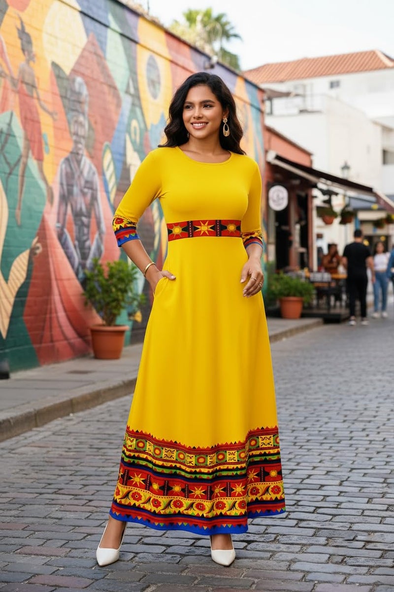 FANDEE Casual Maxi Dresses for Women Elegant 3/4 Sleeve Round Neck Africa Print Church Dress with Pocket - Image 5