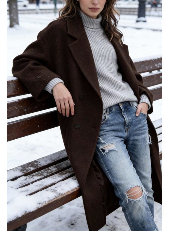 CHARTOU Women's Oversized Notched Collar Wool Blend Single Breast Midi Long Trench Coat (Small, Coffee) - Image 3