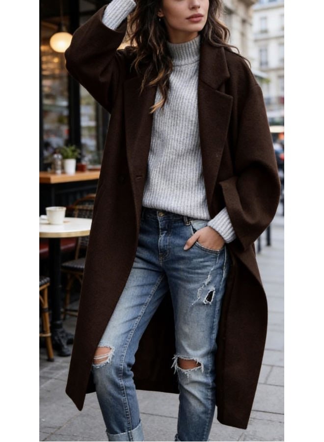 CHARTOU Women's Oversized Notched Collar Wool Blend Single Breast Midi Long Trench Coat (Small, Coffee) - Image 2