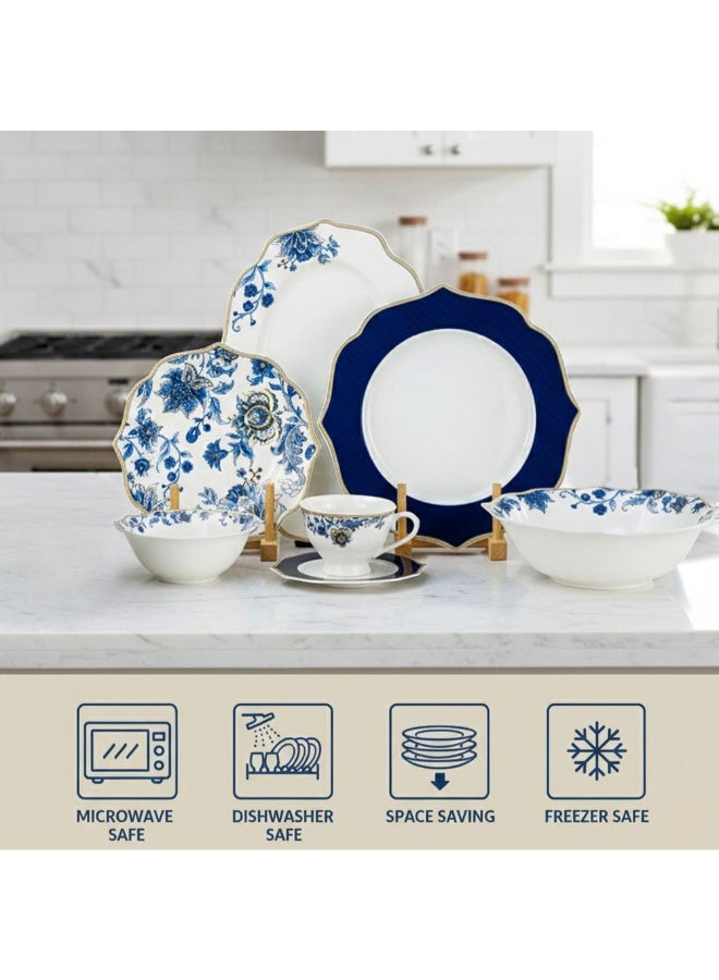 Shallow 32-Piece Dinner Set - White with Blue Floral Pattern for 6 - Image 1