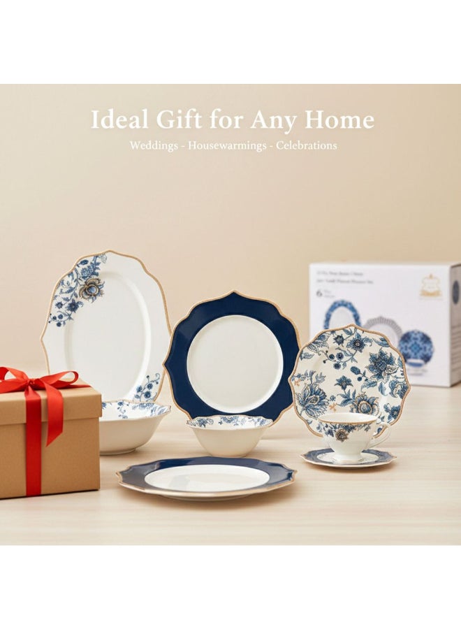 Shallow 32-Piece Dinner Set - White with Blue Floral Pattern for 6 - Image 4