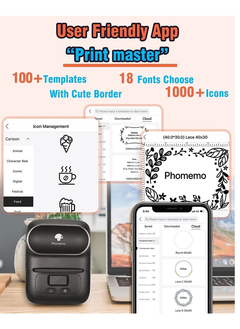 phomemo - Label Maker with Tape, MarkDomain M110 Wireless Thermal Sticker Maker Machine with 1pack 40×30mm Label, for Clothing, Barcode, Retail, Address, Jewelry, Compatible with Android & iOS, Black - Image 1