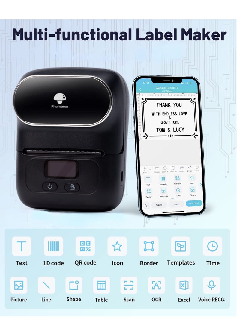 phomemo - Label Maker with Tape, MarkDomain M110 Wireless Thermal Sticker Maker Machine with 1pack 40×30mm Label, for Clothing, Barcode, Retail, Address, Jewelry, Compatible with Android & iOS, Black - Image 1