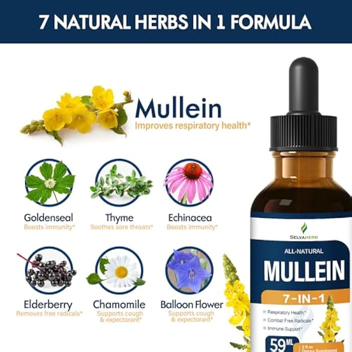 Selvaherb Mullein Drops for Lungs - Mullein Leaf Extract for Lungs Respiratory Health, Combat Free Radicals & Immune Support Supplements with Goldenseal Thyme Echinacea Elderberry. 2oz - Image 4