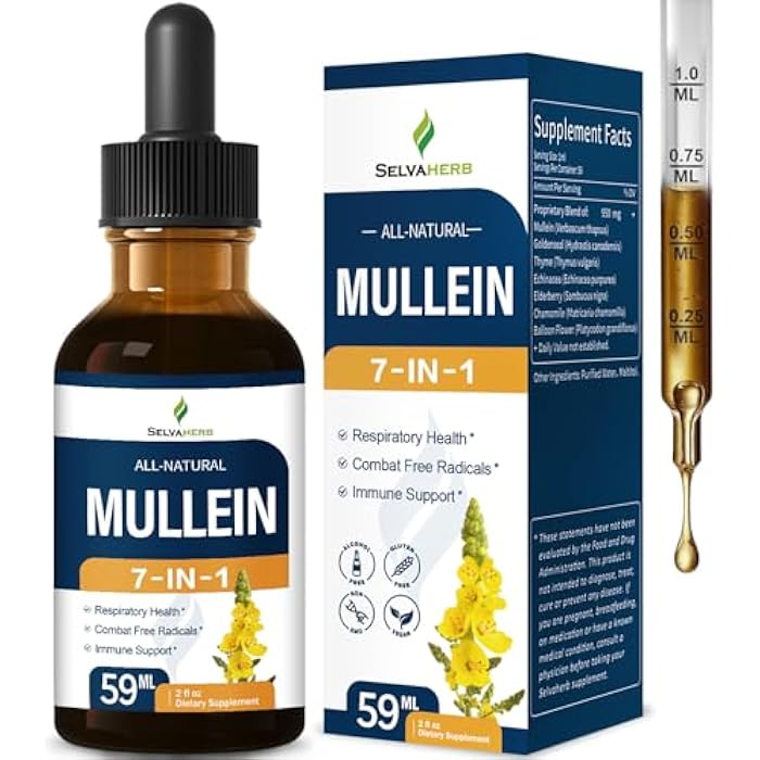 Selvaherb Mullein Drops for Lungs - Mullein Leaf Extract for Lungs Respiratory Health, Combat Free Radicals & Immune Support Supplements with Goldenseal Thyme Echinacea Elderberry. 2oz - Image 1