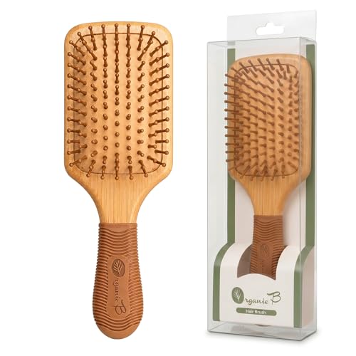 Organic B Bamboo Paddle Hair Brush with Rubber Handle – Eco-Friendly Wooden Detangler for Wet & Dry Hair | Anti-Static, Gentle Bristles, Ergonomic Grip for Smooth & Healthy Styling - Image 1