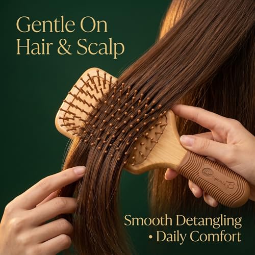 Organic B Bamboo Paddle Hair Brush with Rubber Handle – Eco-Friendly Wooden Detangler for Wet & Dry Hair | Anti-Static, Gentle Bristles, Ergonomic Grip for Smooth & Healthy Styling - Image 3