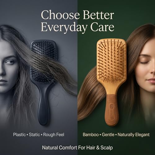 Organic B Bamboo Paddle Hair Brush with Rubber Handle – Eco-Friendly Wooden Detangler for Wet & Dry Hair | Anti-Static, Gentle Bristles, Ergonomic Grip for Smooth & Healthy Styling - Image 4