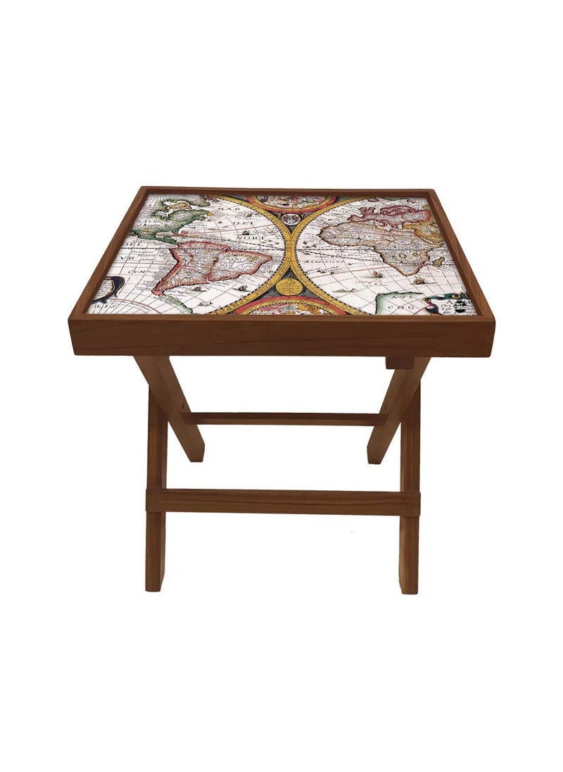 Nutcase Nutcase Designer Teak Wood Side Table Folding Wooden Bedside Coffee Outdoor Picnic Table Vintage Map  - Image 4