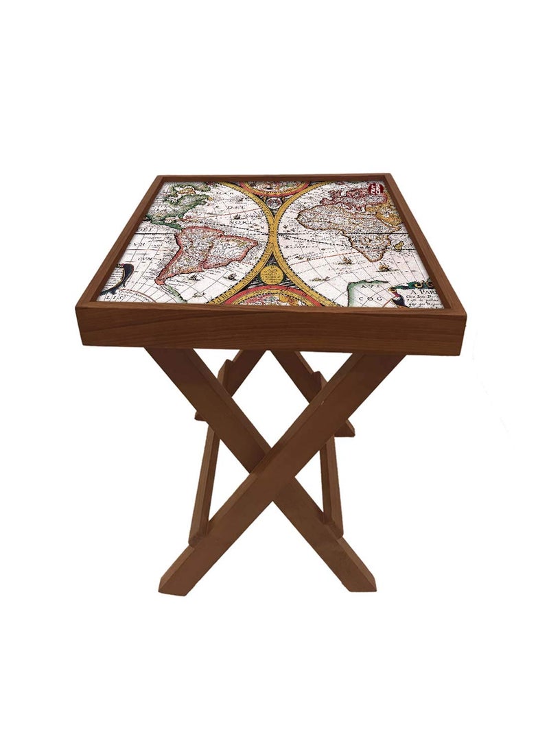 Nutcase Nutcase Designer Teak Wood Side Table Folding Wooden Bedside Coffee Outdoor Picnic Table Vintage Map  - Image 5