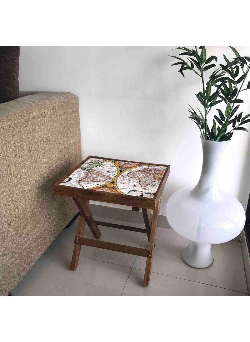 Nutcase Nutcase Designer Teak Wood Side Table Folding Wooden Bedside Coffee Outdoor Picnic Table Vintage Map  - Image 3
