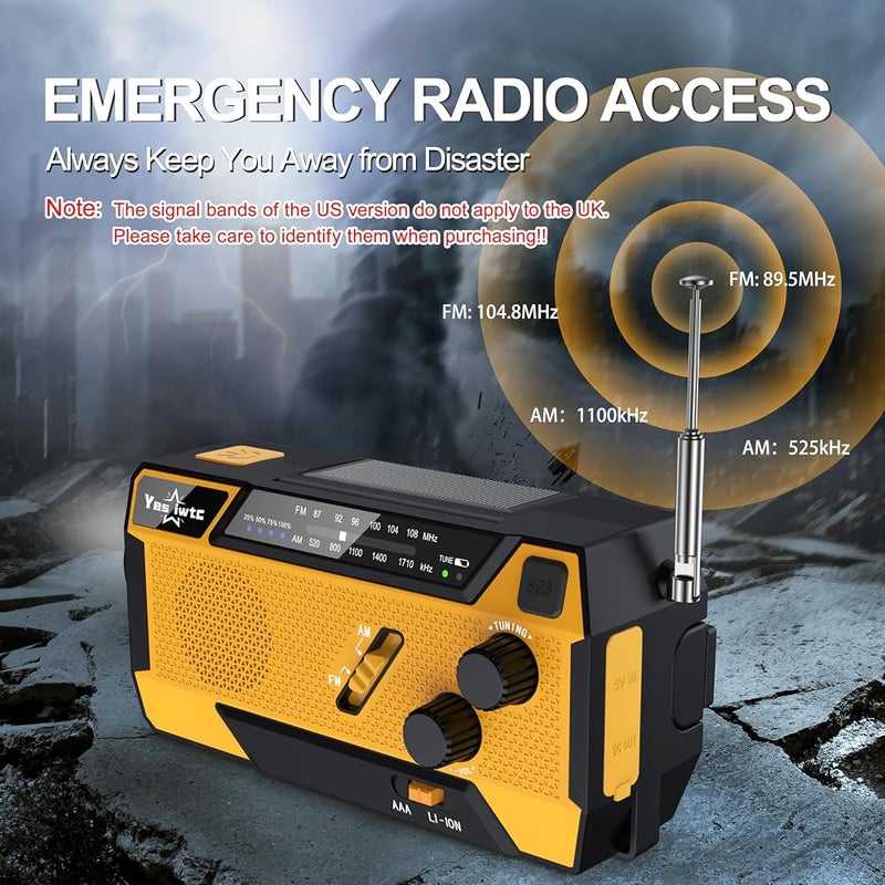 راديو شمسي مدمج مع مسحوق، 7400مWh (2000mAh) راديو يعمل بالطاقة الشمسية، راديو طوارئ يدوي مع 3 كابلات مدمجة، يعمل بالبطارية، جرس إنذار SOS ومصباح، مصباح يدوي طارئ للاعاصير، طوارئ - Image 2