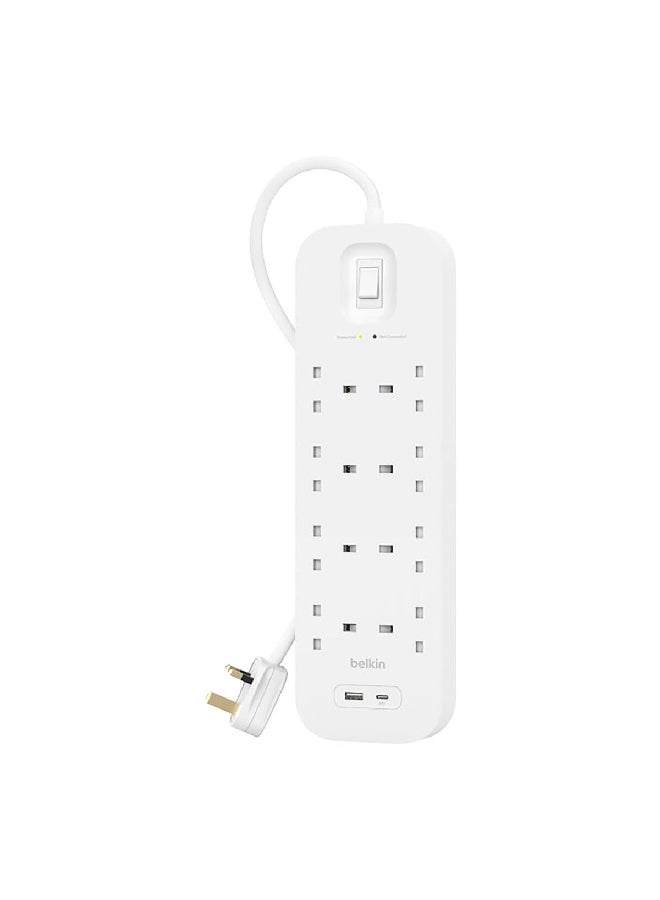 belkin 18W 8-Way 2-USB Power Extension Surge Protector White 2m BKN-SRB003AR2M - Image 1