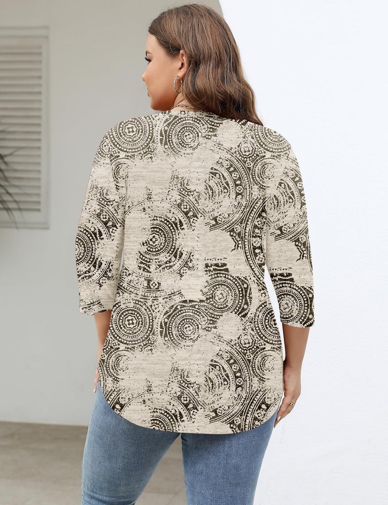 TFSDOD Womens Plus Size Tops V Neck Tshirt 3/4 Sleeve Blouses for Women Cotton Shirts Dressy Apricot Print 3XL - Image 3