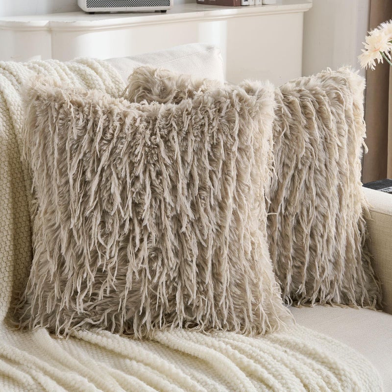 FUTEI Khaki Decorative Throw Pillow Covers 18x18 Inch Set of 2,Soft Fluffy Faux Feather Texture Cushion Cases,Modern Home Luxury Decor for Couch Bed Living Room - Image 1