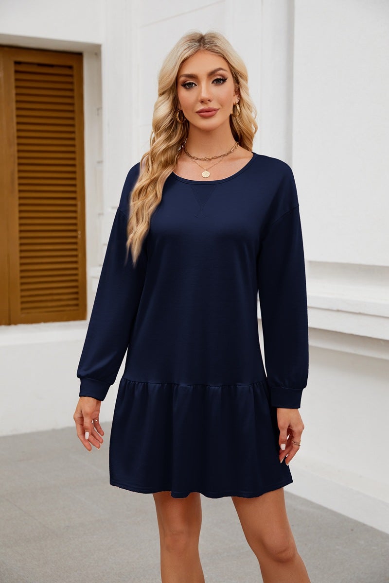 2024 Cross Neck Long-Sleeve Casual Sweatshirt Dress Navy blue - Image 1