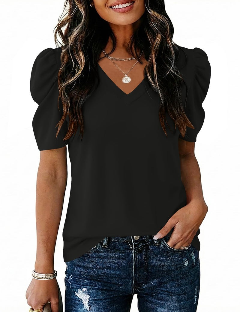 IECCP Womens Summer Shirt Puff Short Sleeve Tops V Neck Casual T Shirts Elegant Loose Fit Blouses Black XL - Image 1
