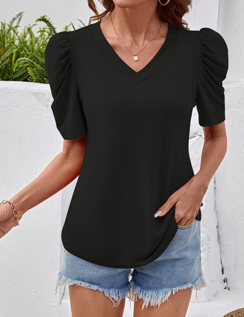 IECCP Womens Summer Shirt Puff Short Sleeve Tops V Neck Casual T Shirts Elegant Loose Fit Blouses Black XL - Image 2