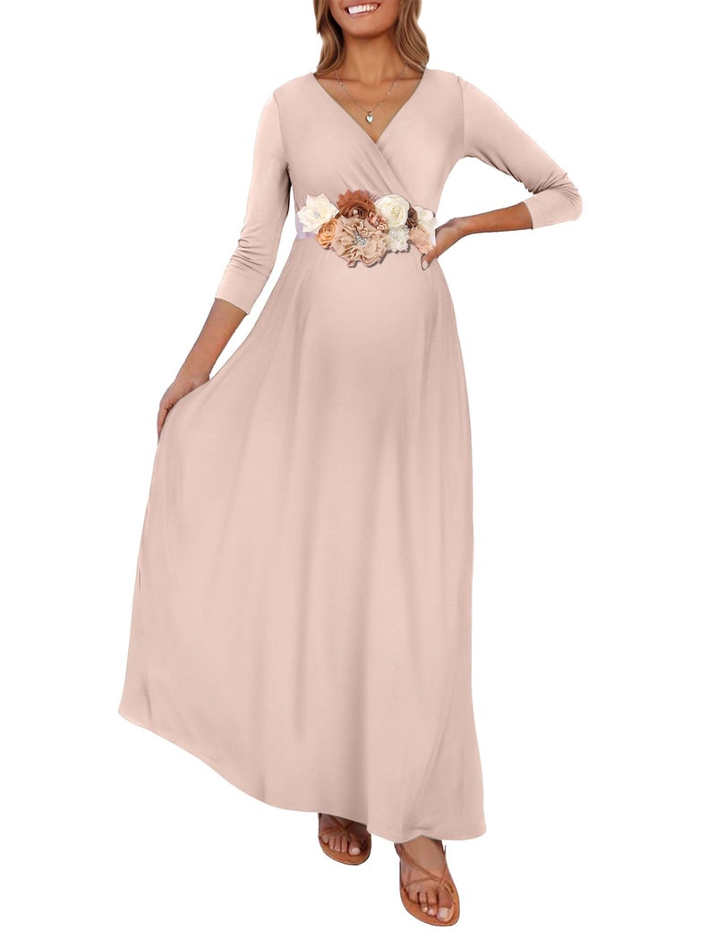 KIM S Khaki Brown Maternity Dress for Baby Shower Long Sleeve Wedding Guest Fall Photoshoot Cocktail Dress Maxi Wrap V Neck Formal Casual Outfits Beige M