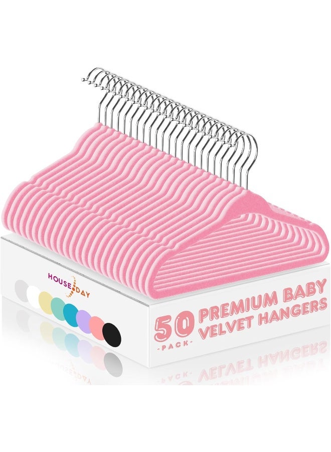HOUSE DAY 50 Pack Pink Velvet Baby Hangers,Infant & Toddler Clothes, Durable Non Slip Baby Felt Hangers Pink, 11 Inch Baby Hangers for Closet, Ideal for Everyday Use. - Image 1