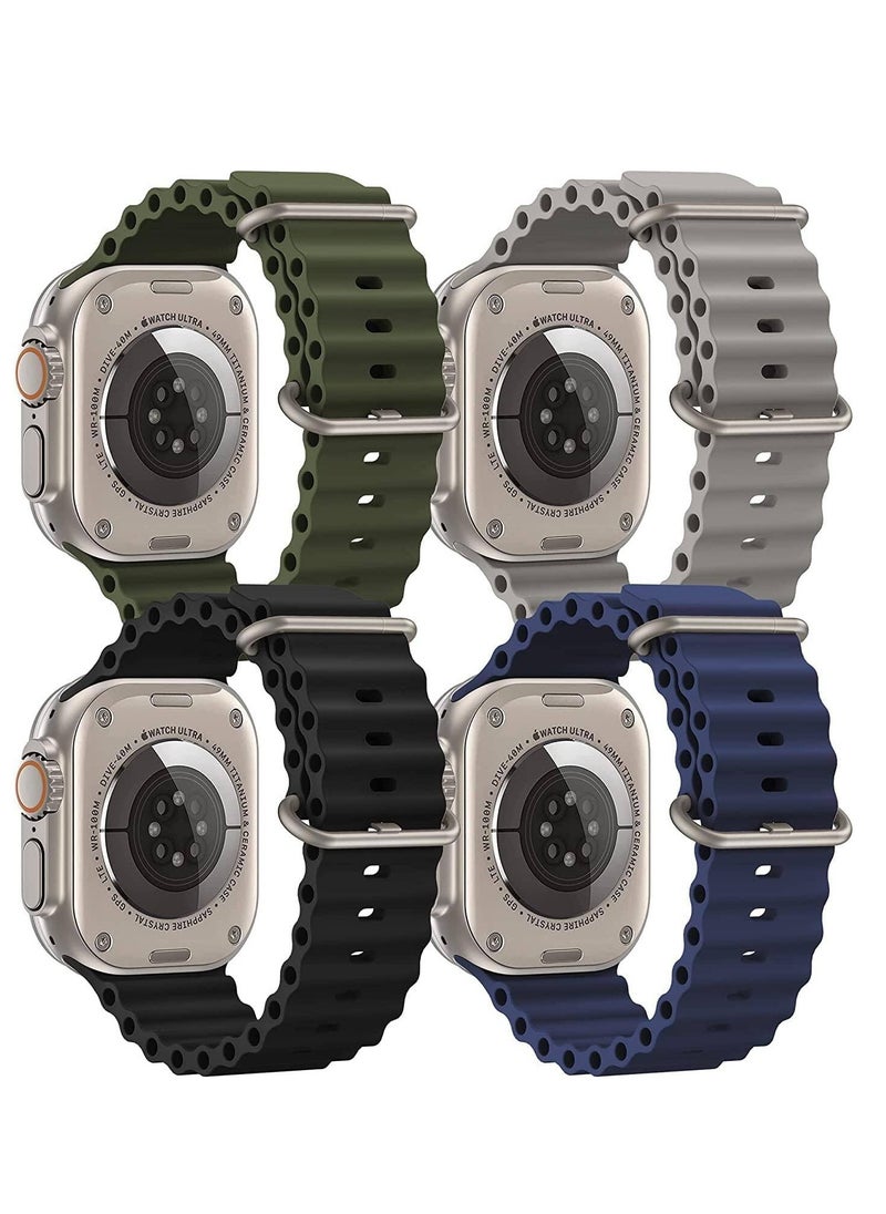 JAJEEK - 4-Pack Ocean Band Compatible with Apple Watch Ultra Bands 49mm, 45mm, 44mm – Adjustable Silicone Sport Wristbands for Men & Women in Green, Gray, Black, Blue – Durable & Comfortable - Image 1