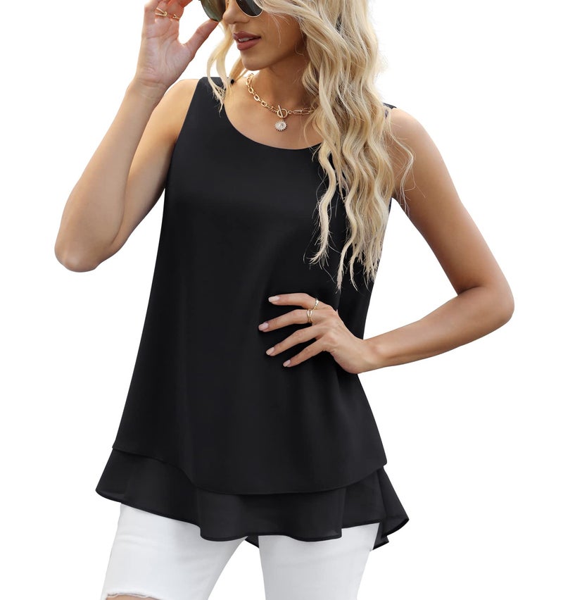 Jouica Women's Summer Round Neck Sleeveless Blouse Business Casual Blouse Tops Chiffon Flowy Tank Tops for Women,Black,XX-Large - Image 1