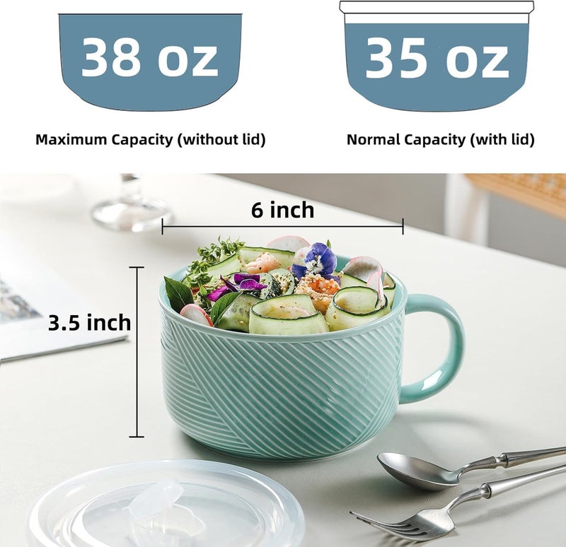 Adewnest Oversized Soup Bowl with Handle 38 oz Ceramic Soup Mug with Lid  Microwave Safe Jumbo Food Storage Container for Ramen Cereal Breakfast Meal Prep Office Lunch Dorm Living  Mint Green 6 In - Image 2