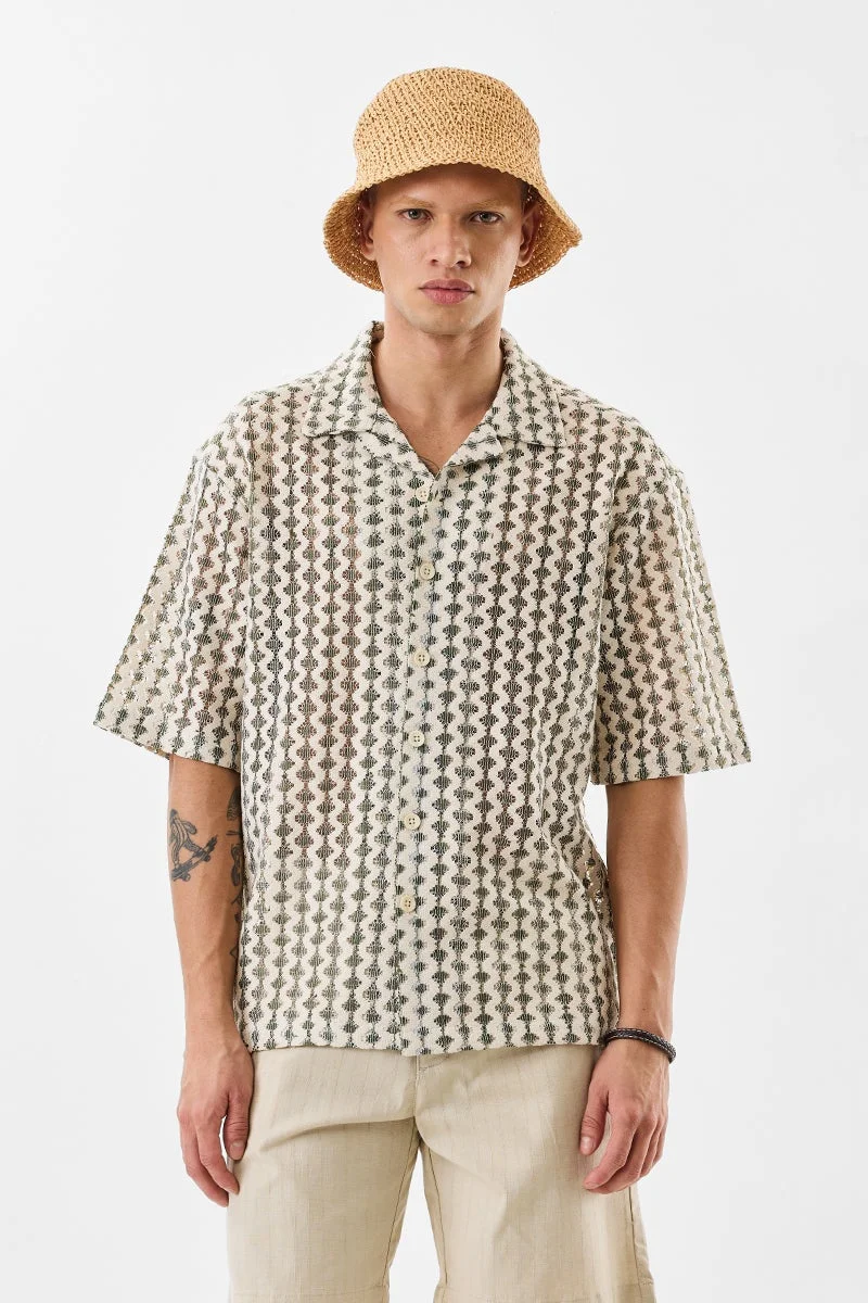 سنيتش Cream Textured Half Sleeve Boxy Shirt