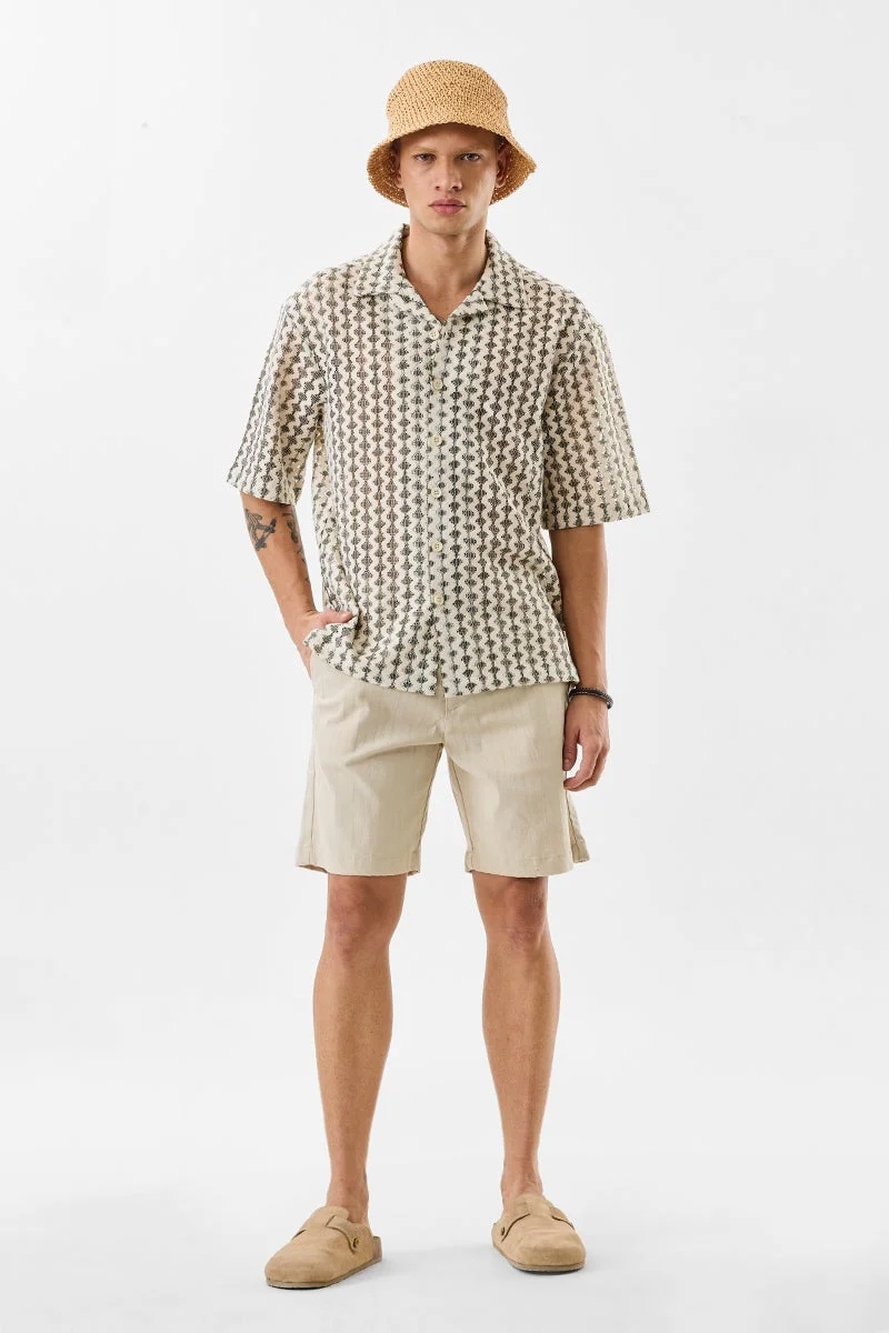 سنيتش Cream Textured Half Sleeve Boxy Shirt