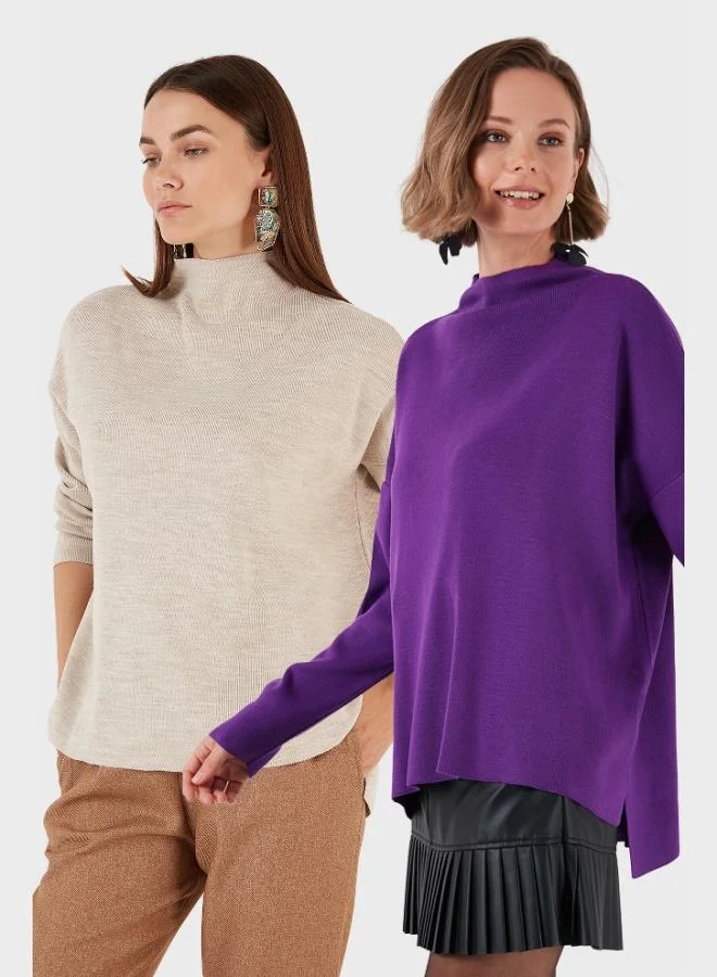 Lela Lela Cotton Long Back Standing Collar 2-Pack Knitwear Sweater Women's SWEATER 4615002S2
